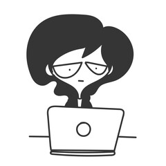 cute cartoon girl working on laptop in doodle cartoon