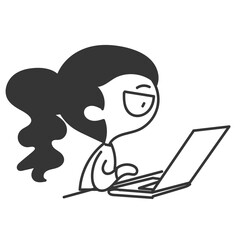 cute cartoon girl working on laptop in doodle cartoon