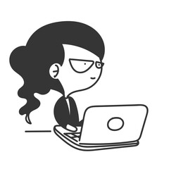 cute cartoon girl working on laptop in doodle cartoon