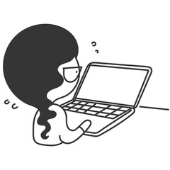 cute cartoon girl working on laptop in doodle cartoon