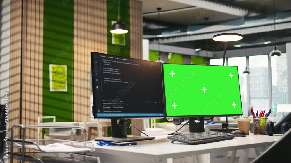 Poster technology company workspace with chroma key computer used to conduct code reviews, fixing bugs. iso
