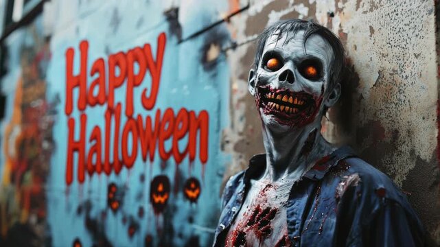Scary dead stands against old wall with Happy Halloween greeting text, spooky zombie at post apocalypse, theme of horror, party