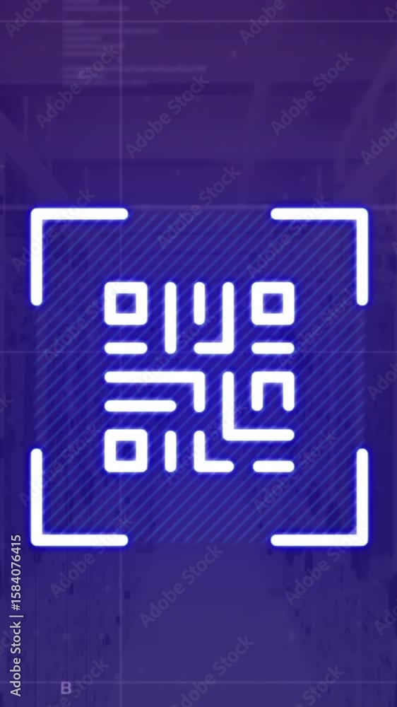 Poster animation of neon qr code scanner and data processing against computer server room