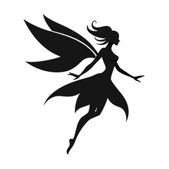 Elegant black silhouette of a flying fairy with delicate wings and flowing hair evoking magic and fantasy