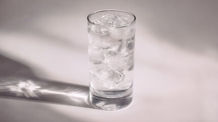 Transparent glass of water with ice cubes.