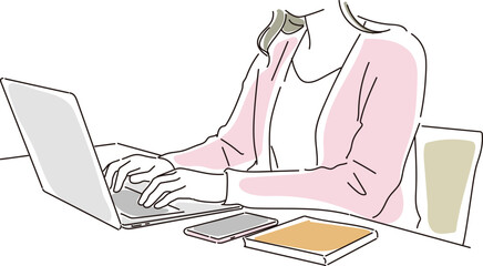 パソコンを操作する女性の柔らかいタッチのイラスト素材