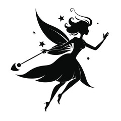 Enchanting silhouette of a fairy with crescent moon wand and stars evoking magic and whimsy in a stylized black and white design
