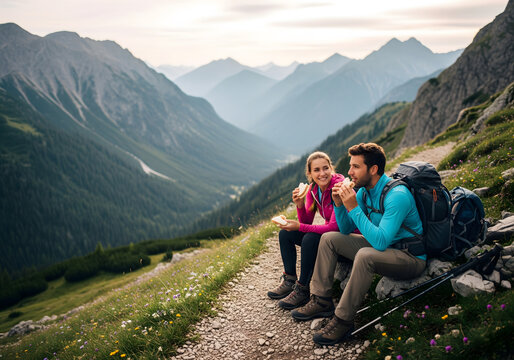 A happy young adult couple takes a break from hiking to enjoy sandwiches in a stunning mountain landscape