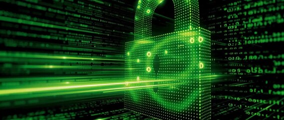 Anamorphic video high-tech digital security concept featuring a glowing lock - Powered by Adobe