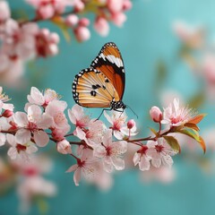 Naklejka premium Butterfly on Cherry Blossom Branch