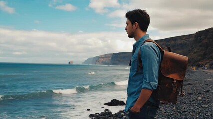 Young man looking out at ocean with backpack on, conveying a sense of adventure and wanderlust.