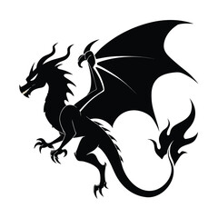 Fototapeta premium Majestic black dragon silhouette in flight with fierce expression and fiery tail accents