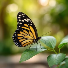 Fototapeta premium Butterfly on Leaf with Blurred Background