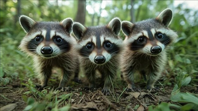 Three young raccoons huddled together outdoors.
