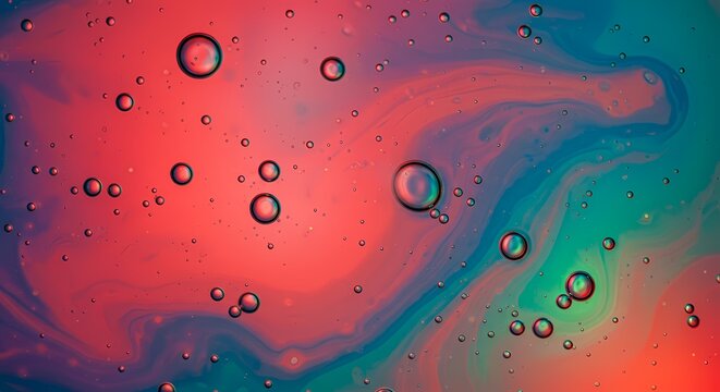 Abstract Macro Shot of Bubbles in Swirling Red, Blue, and Teal Liquids