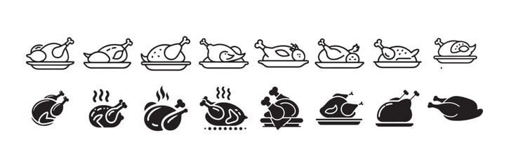 Simple Line Icons of Roasted Chicken, Baked Turkey Silhouette and Line Icons, Roast Chicken with Steam Lines Icons, vector illustration eps 10.