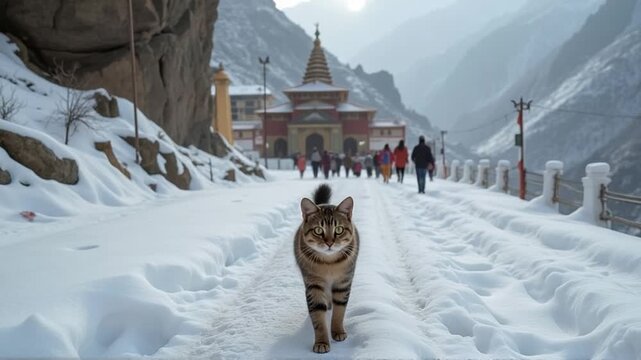 Cat walking on snowy path towards temple, a serene winter scene in the mountains of india