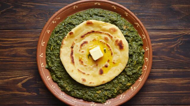 top view of sarson saag with butter melting on chapati in a traditional plate.ai  