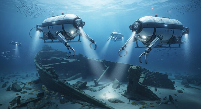Underwater exploration vehicles illuminate a sunken shipwreck on the ocean floor, revealing its ancient structure and debris. - Powered by Adobe