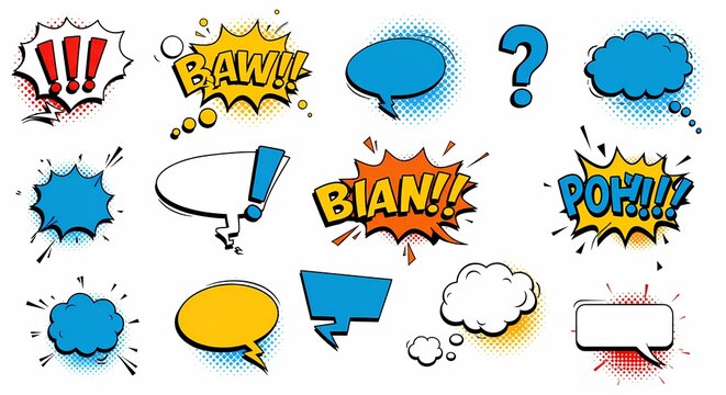 Vibrant vector set of comic style speech bubbles, thought clouds, and sound effect bursts, with pop art aesthetics for dynamic communication and graphic design