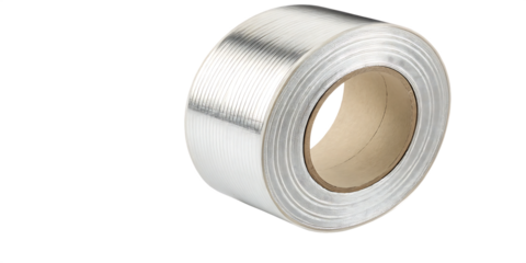 Closeup of silver filament tape roll with ribbed texture on black background isolated on a transparent background