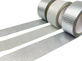 Four rolls of silver duct tape with different textured patterns unspooling isolated on a transparent background