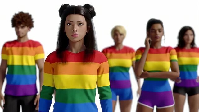 Realistic Bipoc LGBT Group in Rainbow Pride Outfits Against a White Background Symbolizing Diversity and Pride Celebration 3D Render