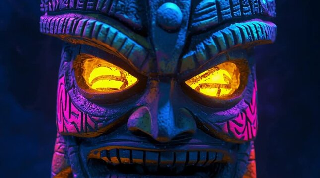 A tiki god with fiery eyes animated speaking - a hawaiian stone totem character in purple and blue with glowing fire and cursed, cinematic animation - tropical religion, tiki party