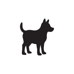 Simple black silhouette of a puppy.A clean, bold silhouette of a small dog, likely a puppy, is presented against a plain white background.
