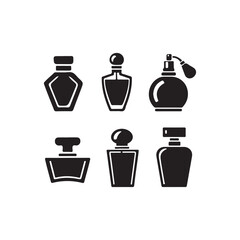 Collection of Stylish Perfume Bottles.This set of six black silhouette perfume bottles showcases a variety of shapes and styles.