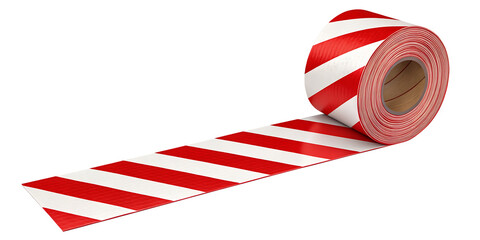 Roll of red and white striped barrier tape unwound across black background isolated on a transparent background