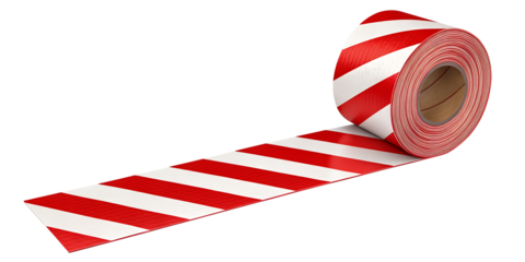 Roll of red and white striped barrier tape unwound across black background isolated on a transparent background