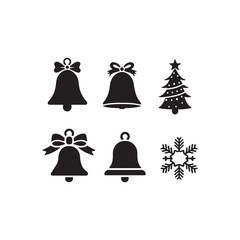 Festive Christmas Icons with Bells, Tree, and Snowflake.Simple black and white Christmas icons.