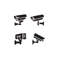 Four Security Camera Icons for Surveillance.This image features four simple, solid black icons of security cameras mounted on walls.