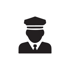 Simple Silhouette of a Pilot or Airport Official.A bold, black silhouette of a person wearing a pilot's cap and suit.