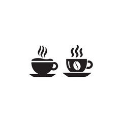Two steaming coffee cups on saucers, perfect for cafe or coffee shop branding.This simple, black and white graphic shows two hot coffee cups with steam rising, sitting on saucers.