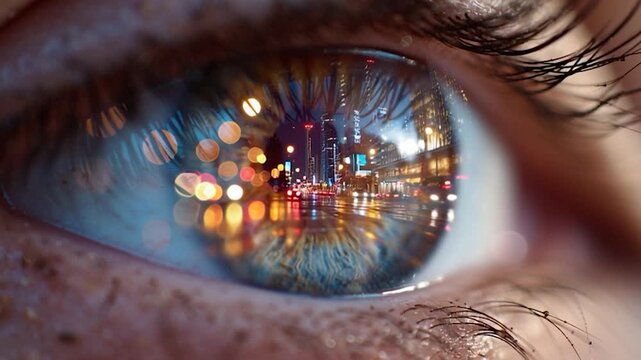 City lights reflected in a closeup of an eye
