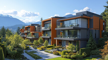 Fototapeta premium Modern apartment building with large glass windows and balconies surrounded by lush green trees and mountain views under clear blue sky, creating peaceful and inviting atmosphere