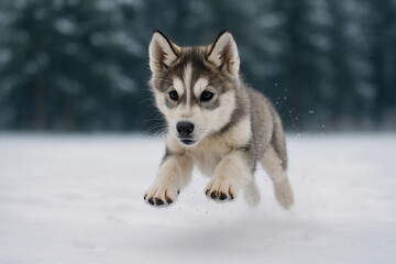 Naklejka premium Husky Puppy Mid-Air Zoomies in Fresh Snow