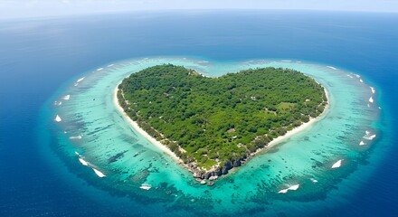 Stunning Aerial View of Heart Shaped Island in Tropical Paradise Location