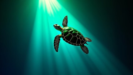 Obraz premium Sea turtle swimming underwater with light rays