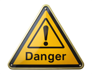 Yellow triangular warning sign with black border and exclamation mark text danger isolated on a transparent background