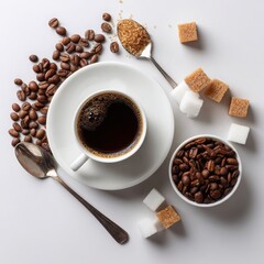 Fototapeta premium Coffee Cup, Beans, and Sugar Cubes Still Life