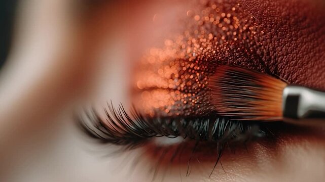 Close up model brushing eyeshadow on eyelid with elegant soft colors with precision