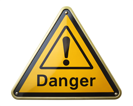 Yellow triangular warning sign with black border and exclamation mark text danger isolated on a transparent background