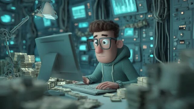 Animated Character Working on Computer with Money Stacks Digital Financial System