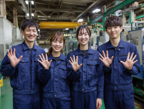 工場内で笑顔でポーズをとる若手作業員チームの集合写真