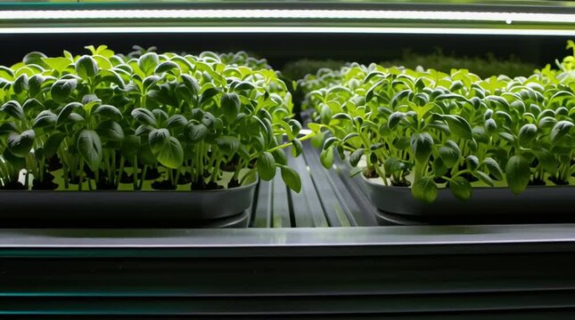 Close up of multiple shelves displaying rows of small plants growing under artificial lighting system