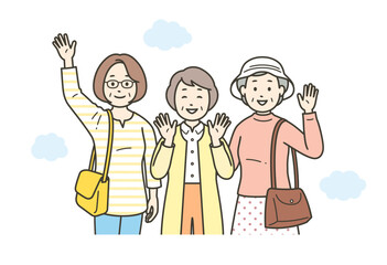 仲の良い高齢女性グループが旅行先で楽しんでいる上半身イラスト
