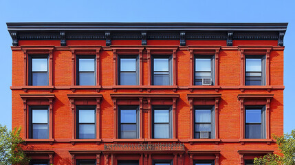 Obraz premium Red brick building with multiple windows and decorative architectural details under clear blue sky, showing classic urban residential style with black cornice and window frames